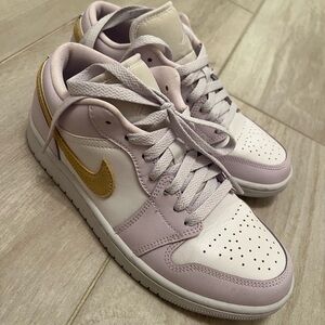 Women's Gold and Pink Nike Jordan 1 Sneakers